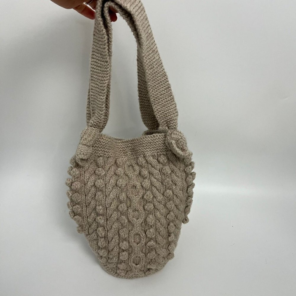 Cable Knit Hand Made Wool Blend Tan Neutral Boho Granny Grandma Tote Bag - Picture 5 of 9